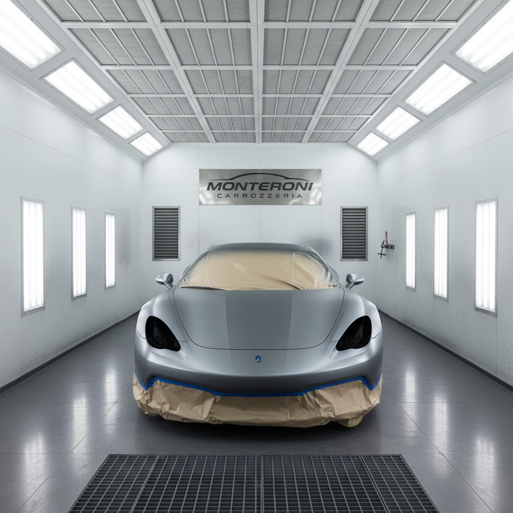 An advanced, enclosed automotive spray booth containing a car masked with beige protective paper and blue tape, ready for painting. The vehicle’s primed body panels show a smooth, matte surface awaiting color. Bright, uniform white lighting panels on the walls and ceiling create even illumination with no harsh shadows, underscoring a controlled, dust-free environment. The floor grates are clean and metallic, with subtle reflections from the booth lights. Captured from a slightly elevated, wide-angle perspective, the composition highlights the seriousness of the professional painting process. The mood is technical, precise, and highly professional, with photographic realism that communicates safety, quality control, and state-of-the-art equipment at the Monteroni carrozzeria.