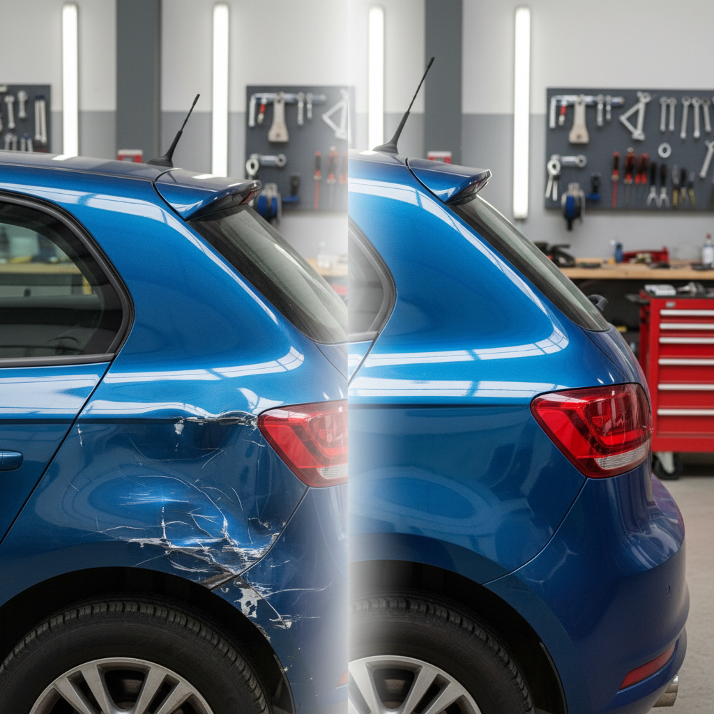 A before-and-after split composition of a hatchback’s rear quarter panel, representing accident damage repair. On the left, the bodywork appears dented and scratched, with dull, oxidized paint; on the right, the same area is perfectly straight, with flawless, freshly painted metallic blue bodywork. A subtle vertical divider or soft gradient separates the two sides. The setting is the same workshop bay, with neutral grey walls and organized tools blurred in the background to avoid distraction. Balanced, neutral lighting ensures both sides are clearly visible without dramatic contrast. Photographed at an eye-level, medium-close distance, the image feels explanatory and professional, illustrating the transformation and expertise of the carrozzeria in a clean, realistic style.