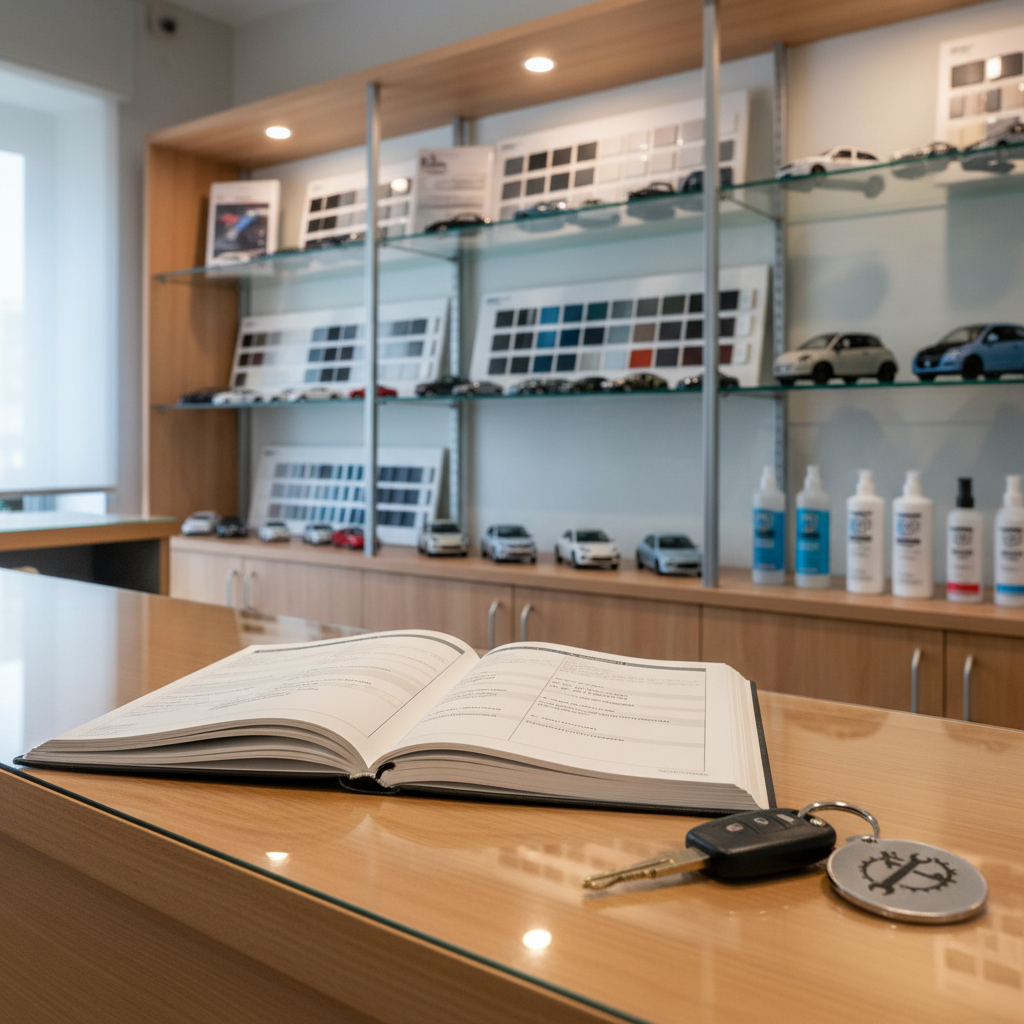 A well-organized carrozzeria reception counter without people, designed to inspire trust and professionalism. On the counter lies an open service notebook with neatly printed job descriptions beside a set of modern car keys with a metallic keyring engraved with the workshop’s logo. Behind the counter, glass shelving displays color swatch panels, miniature car body models, and a few premium car care products, all carefully aligned. Soft, natural daylight filters in from an unseen window, complemented by warm overhead spotlights that create gentle reflections on the laminated countertop. Captured at a slightly elevated angle with a moderate depth of field, the composition is clean and uncluttered. The mood is welcoming yet businesslike, with photographic realism that communicates organized, reliable customer assistance in Monteroni.
